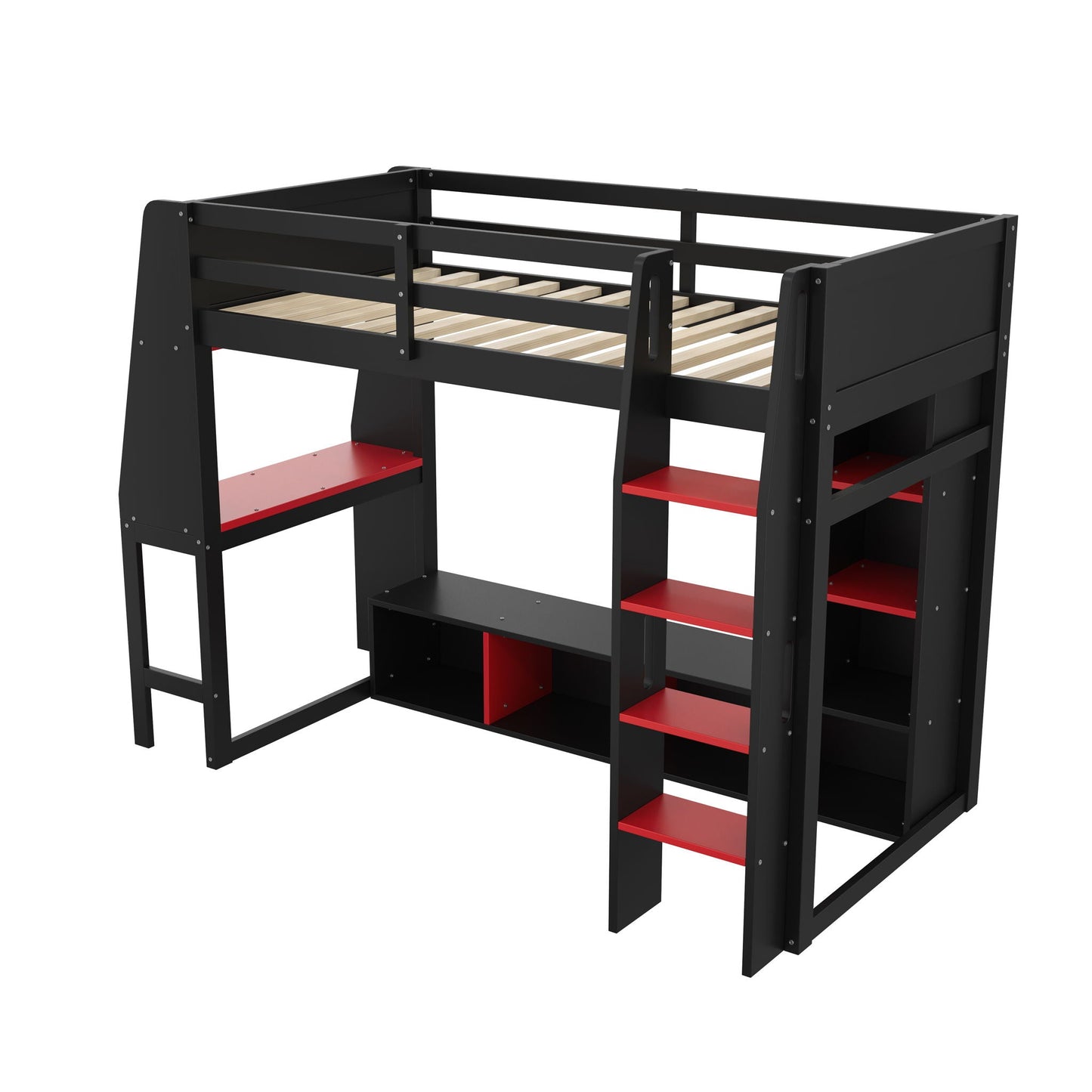 Gaming Loft Bed With Desk, Multi Storage Shelves, LED Lighting, And Hanging Clothes Rack