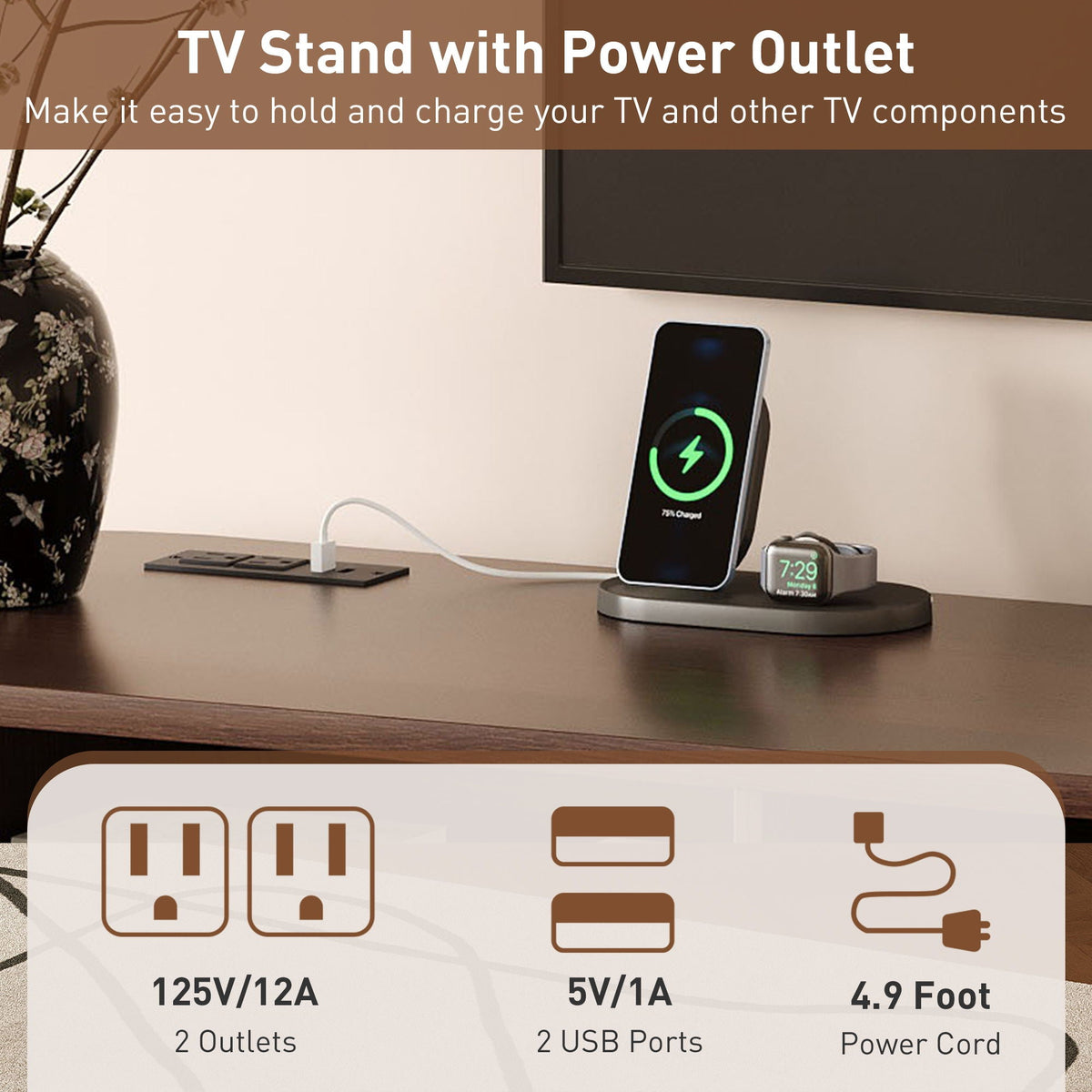 TV Stand For 70" TV, Console With Tambour Doors, Drawers And Built In Power Outlet - Dark Brown