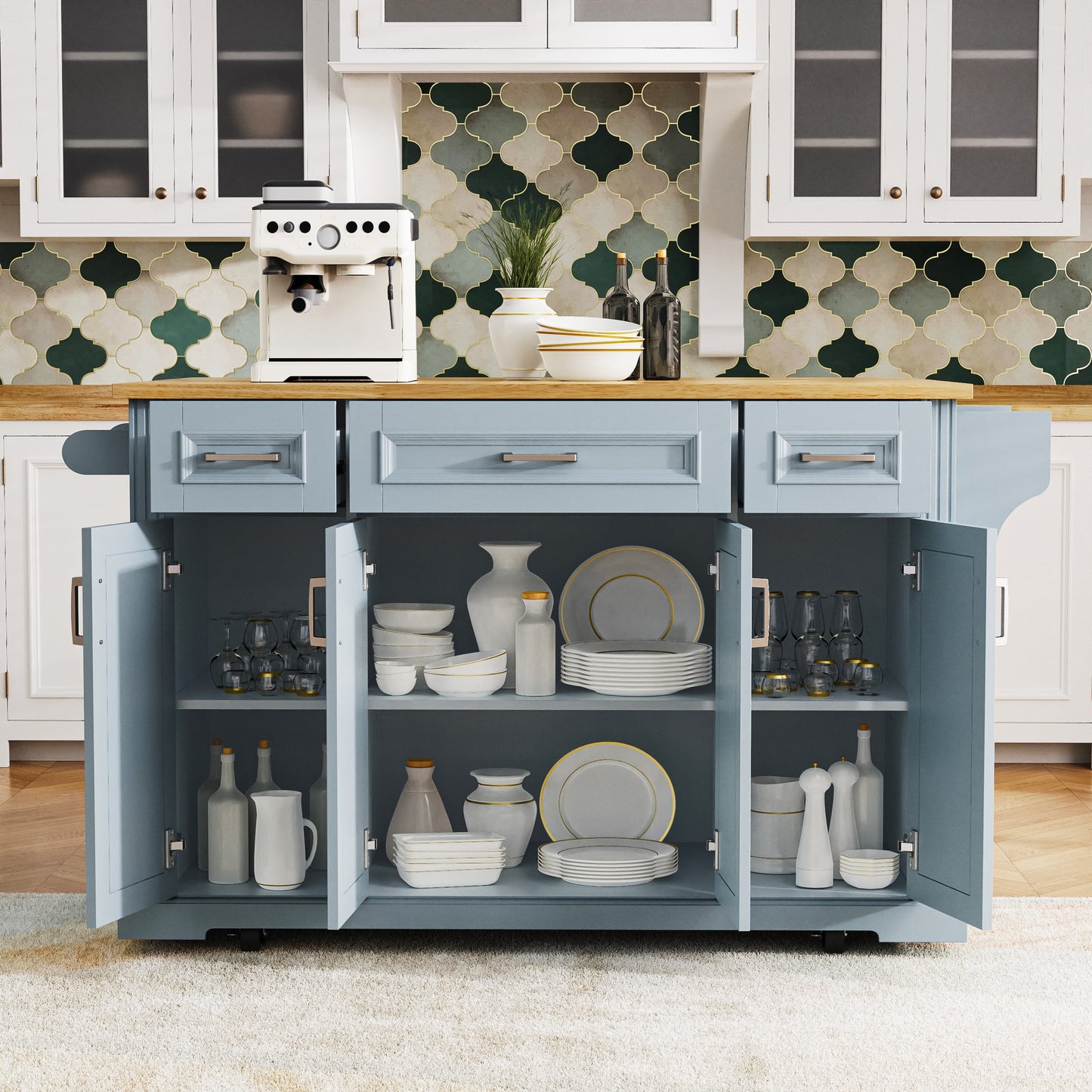 K&K 54inch Large Kitchen Island with Rubber Wood Drop Leaf