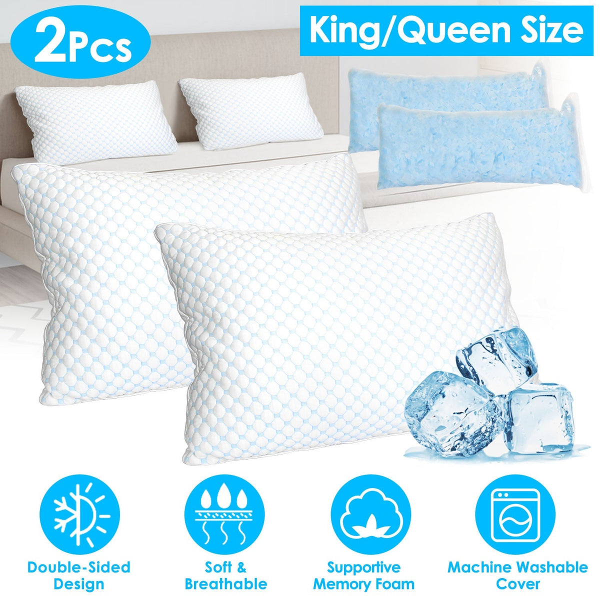 Shredded Memory Foam Pillow Adjustable Cool Pillow with Extra Filling Machine Washable Cover for Side Back Stomach Sleepers