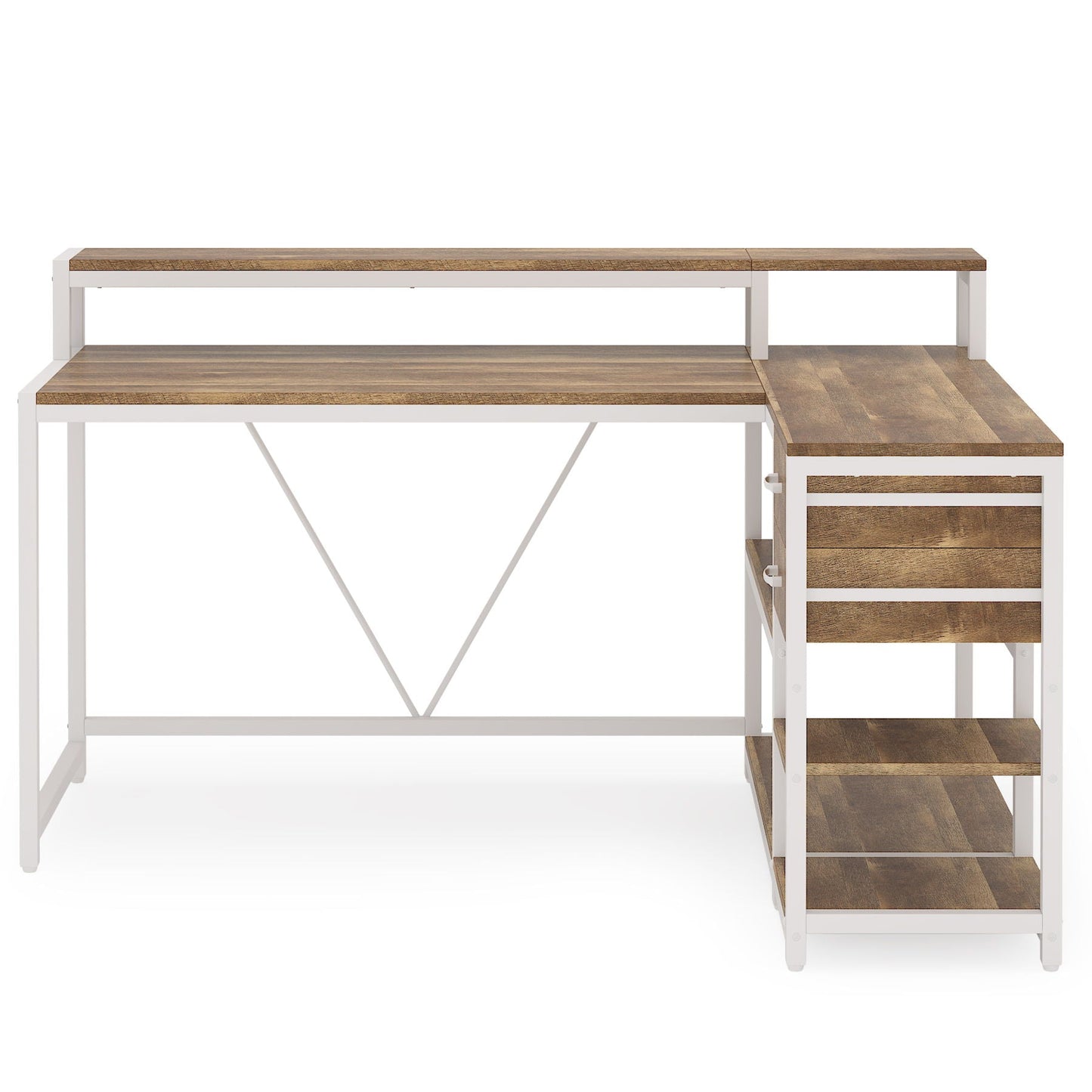 L-Shaped Home Office Desk With Monitor Riser, Drawers, And Storage Shelves