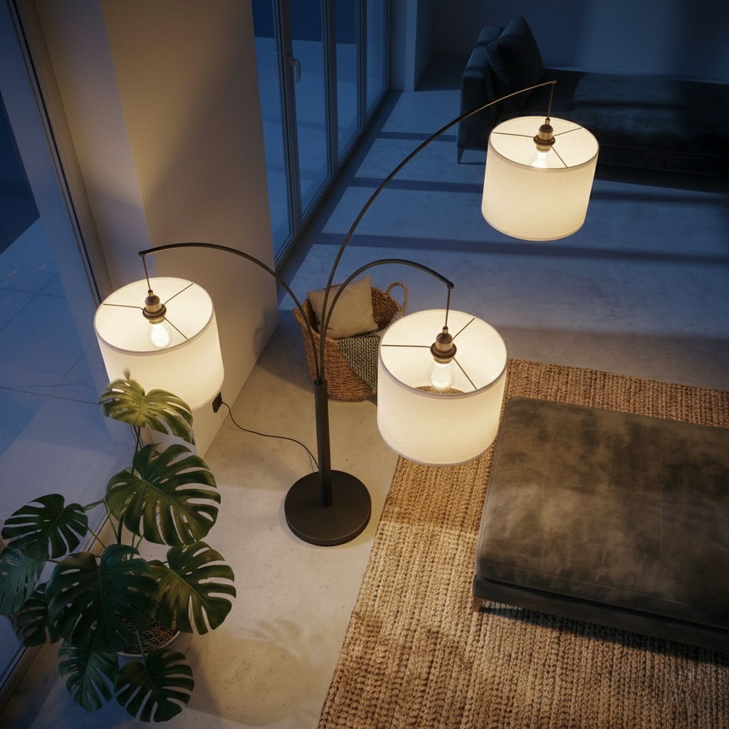 Royal - 3 Arm Arc Floor Lamp, Oil Rubbed Bonze With Linen Shade, 4 Way Rotary Switch - Oil-Rubbed Bronze