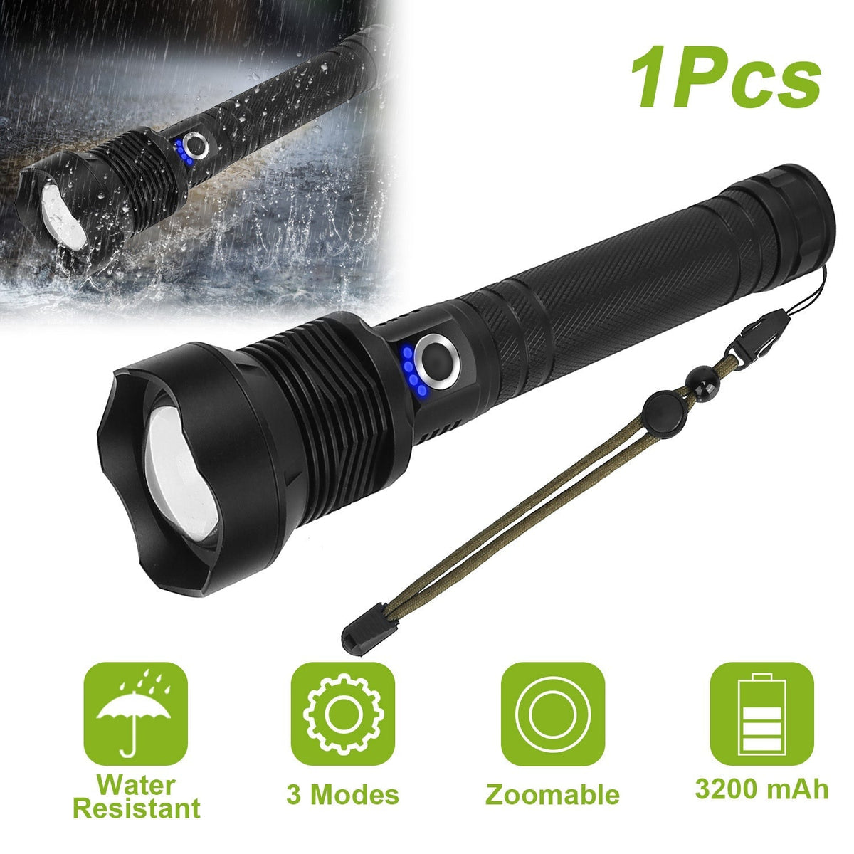 LED Tactical Flashlights 30000LM USB Rechargeable Flashlight Water-Resistant Zoomable LED Torch w/ 3 Modes SOS 3200mAh Battery Handheld Flashlights fo