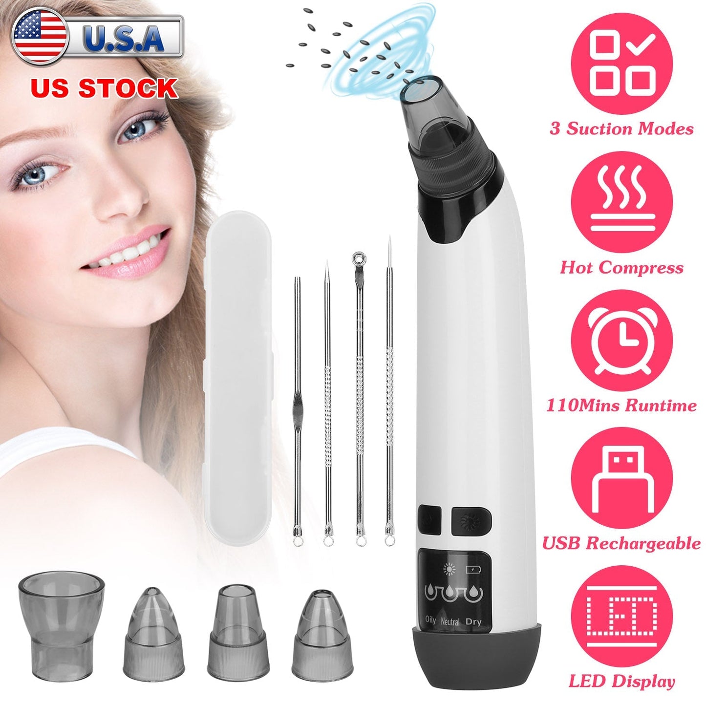 Hot Compress Blackhead Remover Vacuum Electric Pore Extractor Acne Removal Tool with 4 Probes 4 Pimple Popper Tools for All Skins