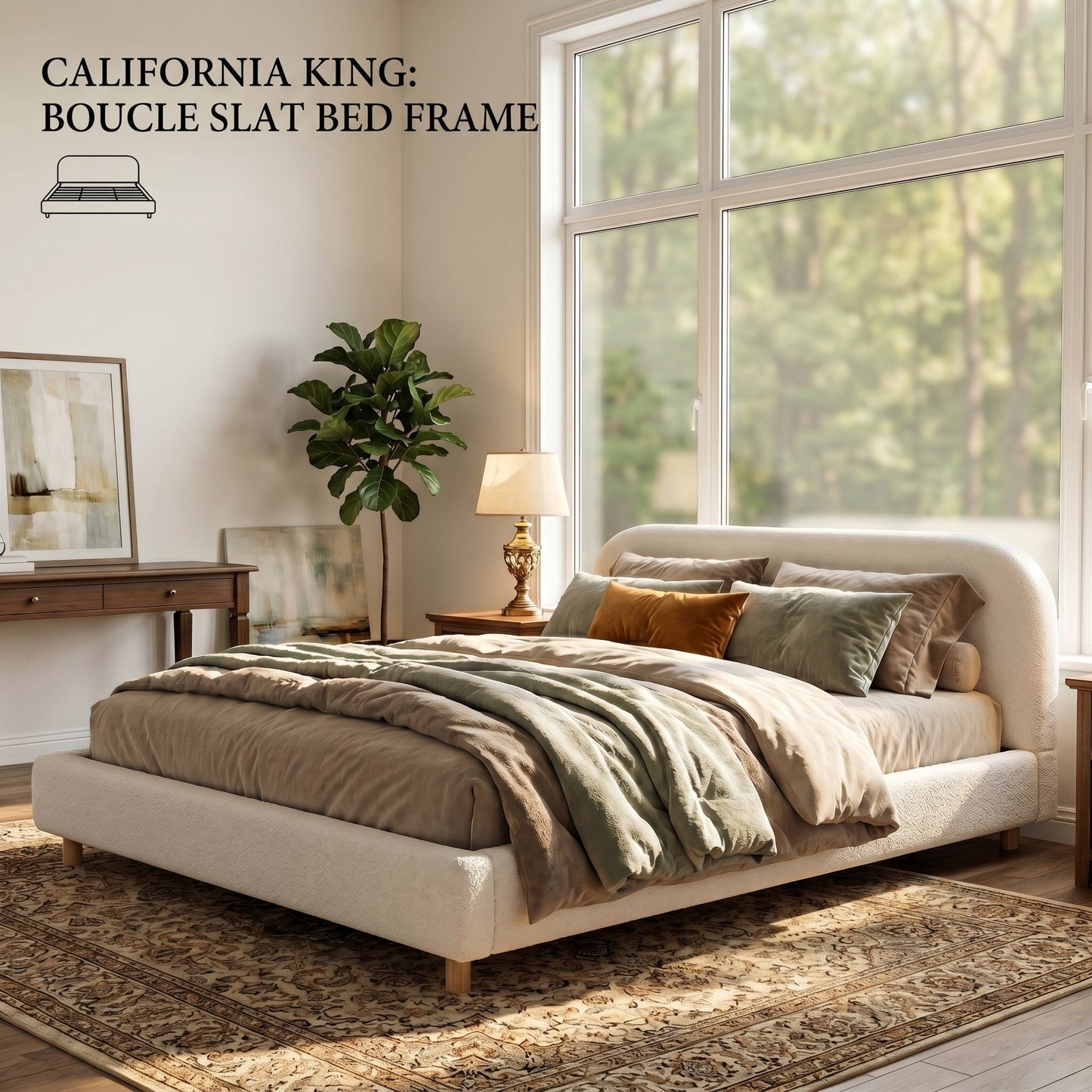 California King Size Upholstered Bed with Boucle Fabric and Curved Headboard