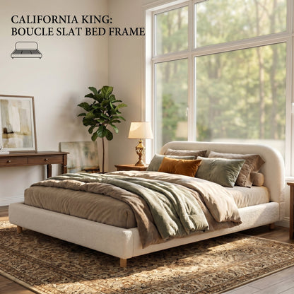 California King Size Upholstered Bed with Boucle Fabric and Curved Headboard
