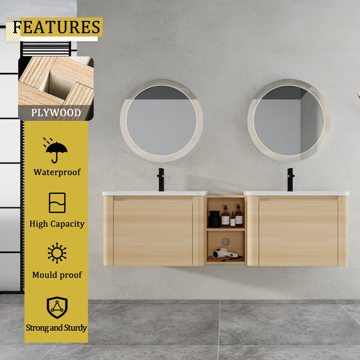 68'' Wall-Mounted Bathroom Vanity with Storage Shelves