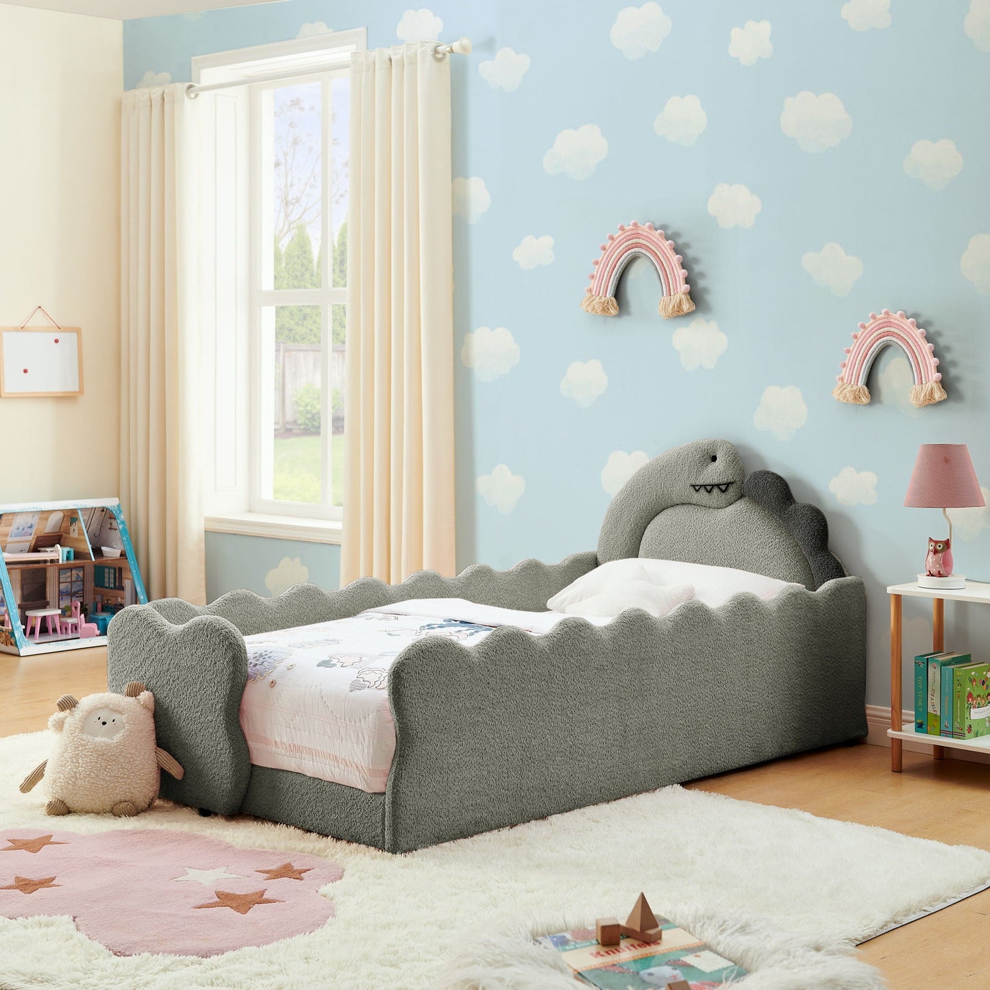 Cute Dinosaur Shaped Bed With Safety Guardrail, Toddler Frame