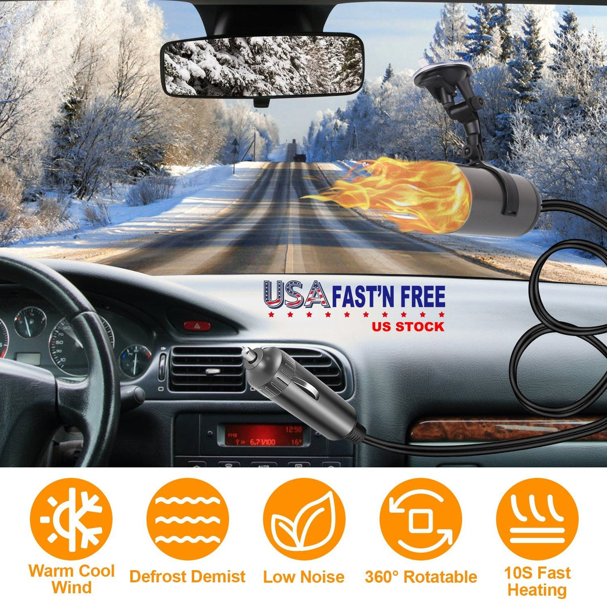 24V 216W Portable Car Heater 2 In 1 Heating Cooling Fan Rotatable Demister Defroster with 4.92ft Cord
