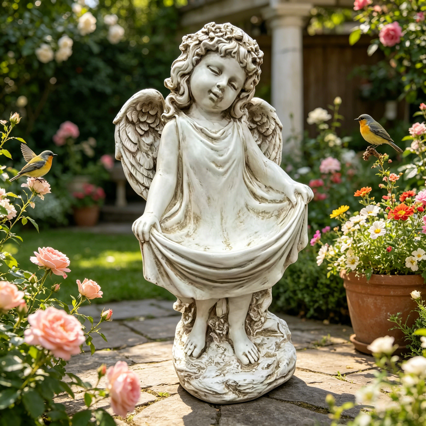 21.06" Tall Weathered Angel Cherub Garden Statue