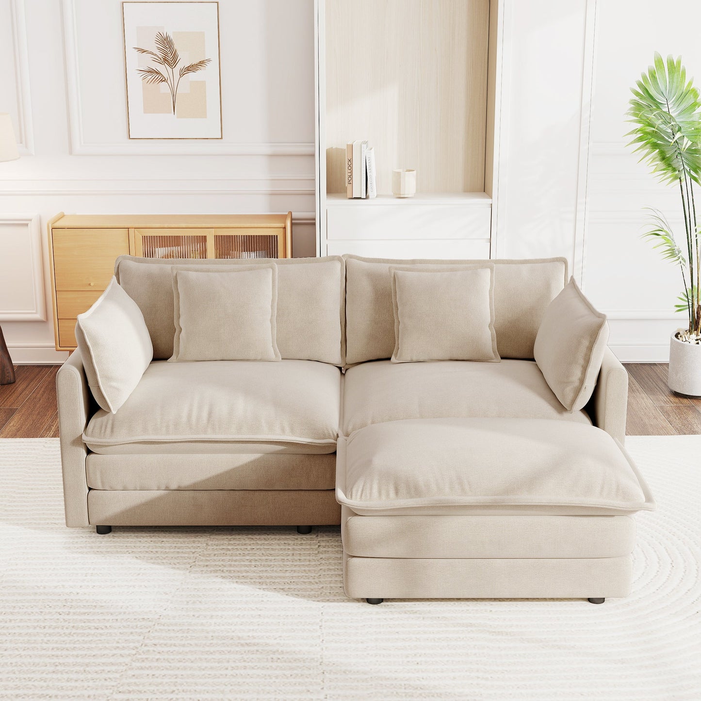 Chenille Two-Seater Sofa with 1 Footrest, 2 Seater L-Shaped Sectional with Ottoman