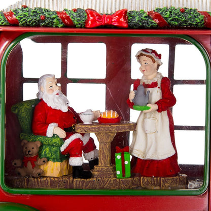 Christmas Plastic / Resin Camper With Mr & Mrs Santa Tea Time LED / Water Spinning / 2 Way Switch, 3*AA Required - Red