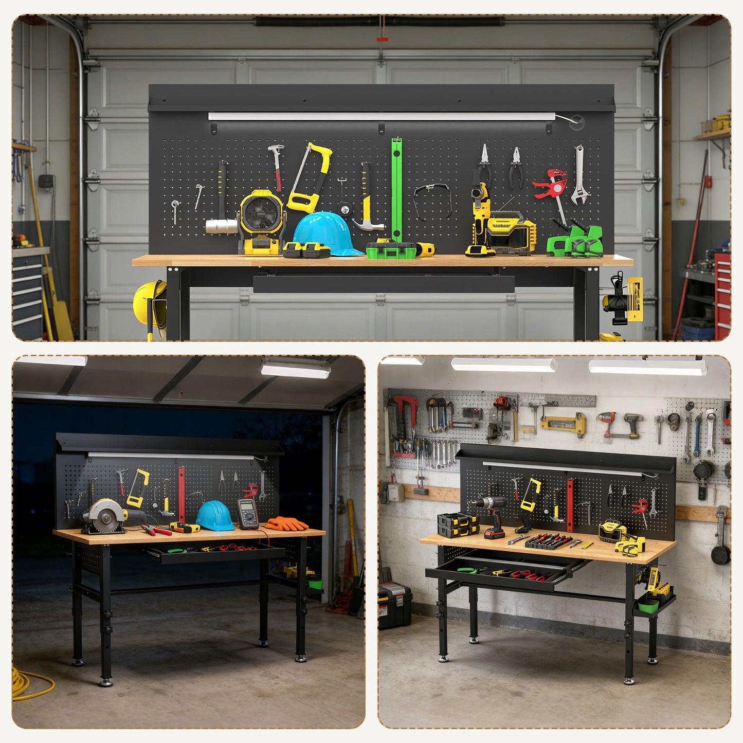 Adjustable Height Workbench, Includes Drawers, Power Outlet, LED Light, Wheels Or Leveling Feet - Black