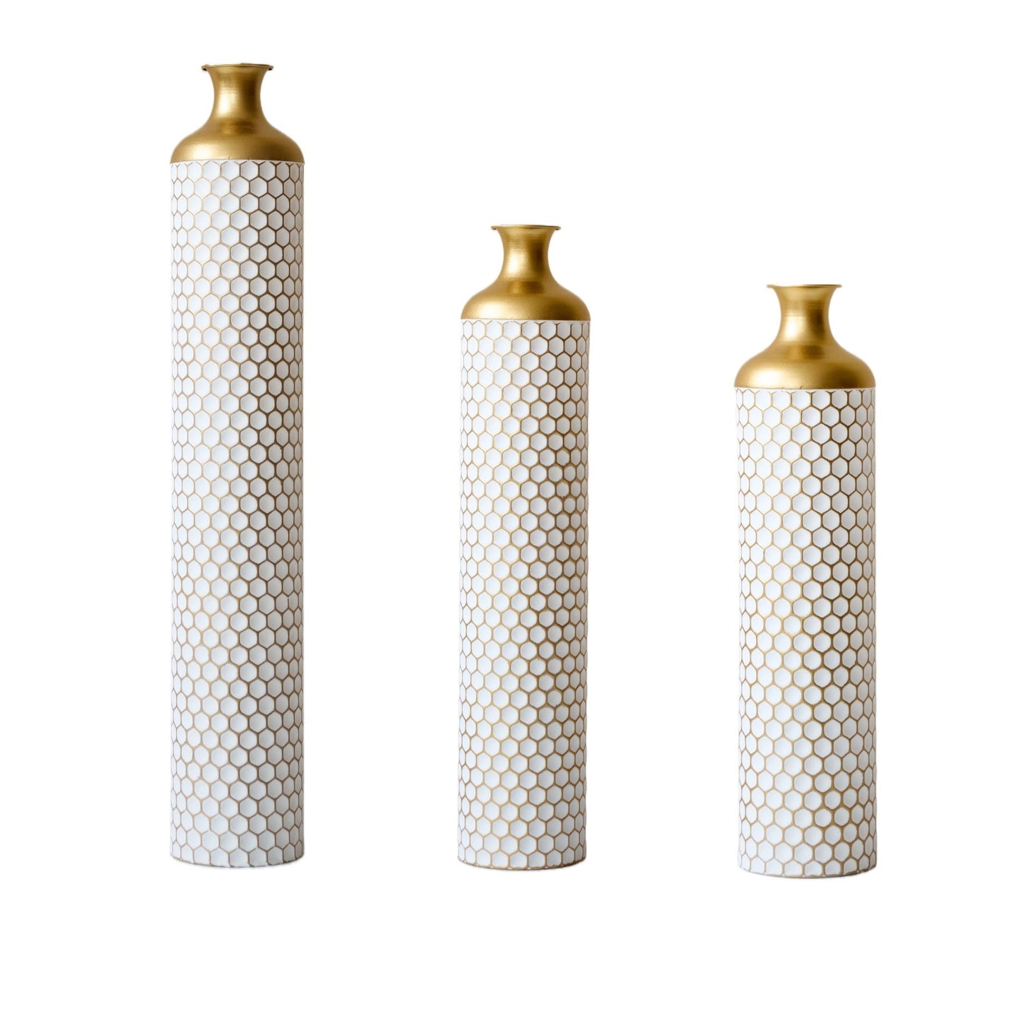 3-Piece Modern Metal Vase Set - White & Gold