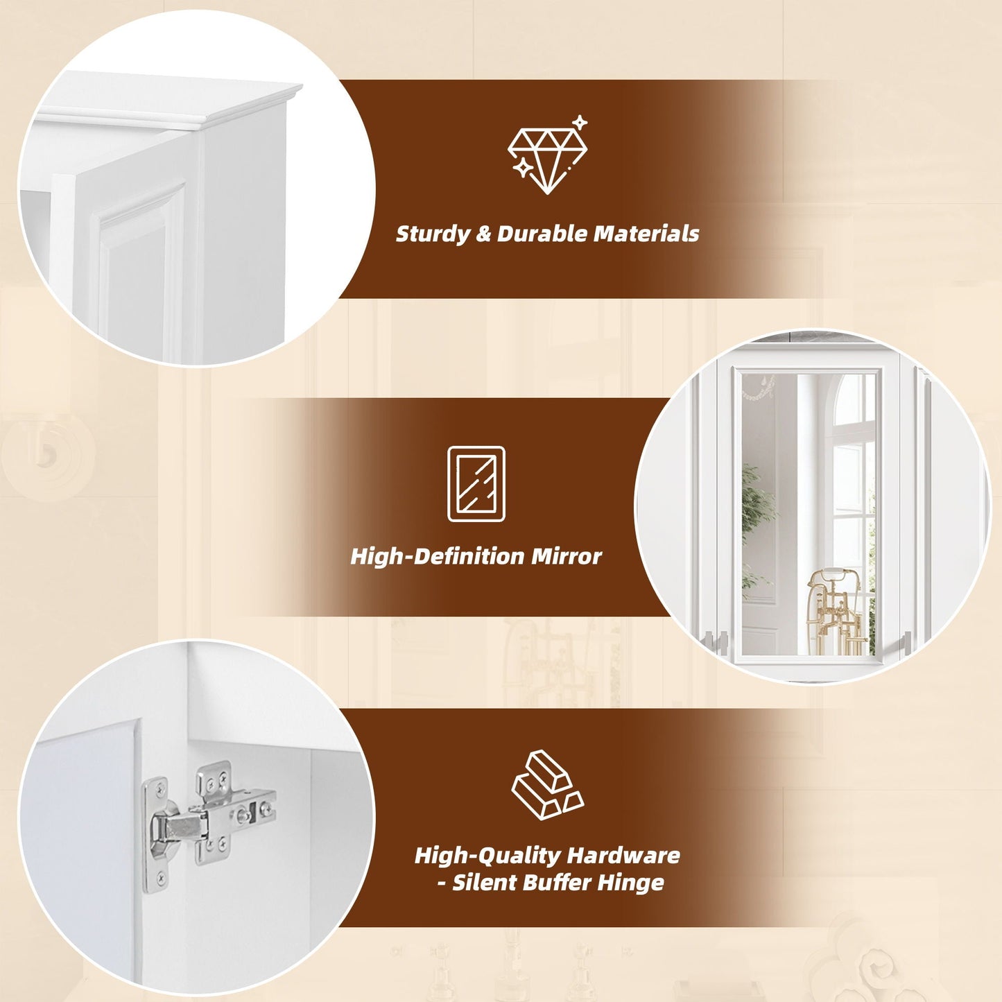 Wall Mounted Mirror Cabinet With 5 Adjustable Shelves, Rectangular Storage For Bathroom - White