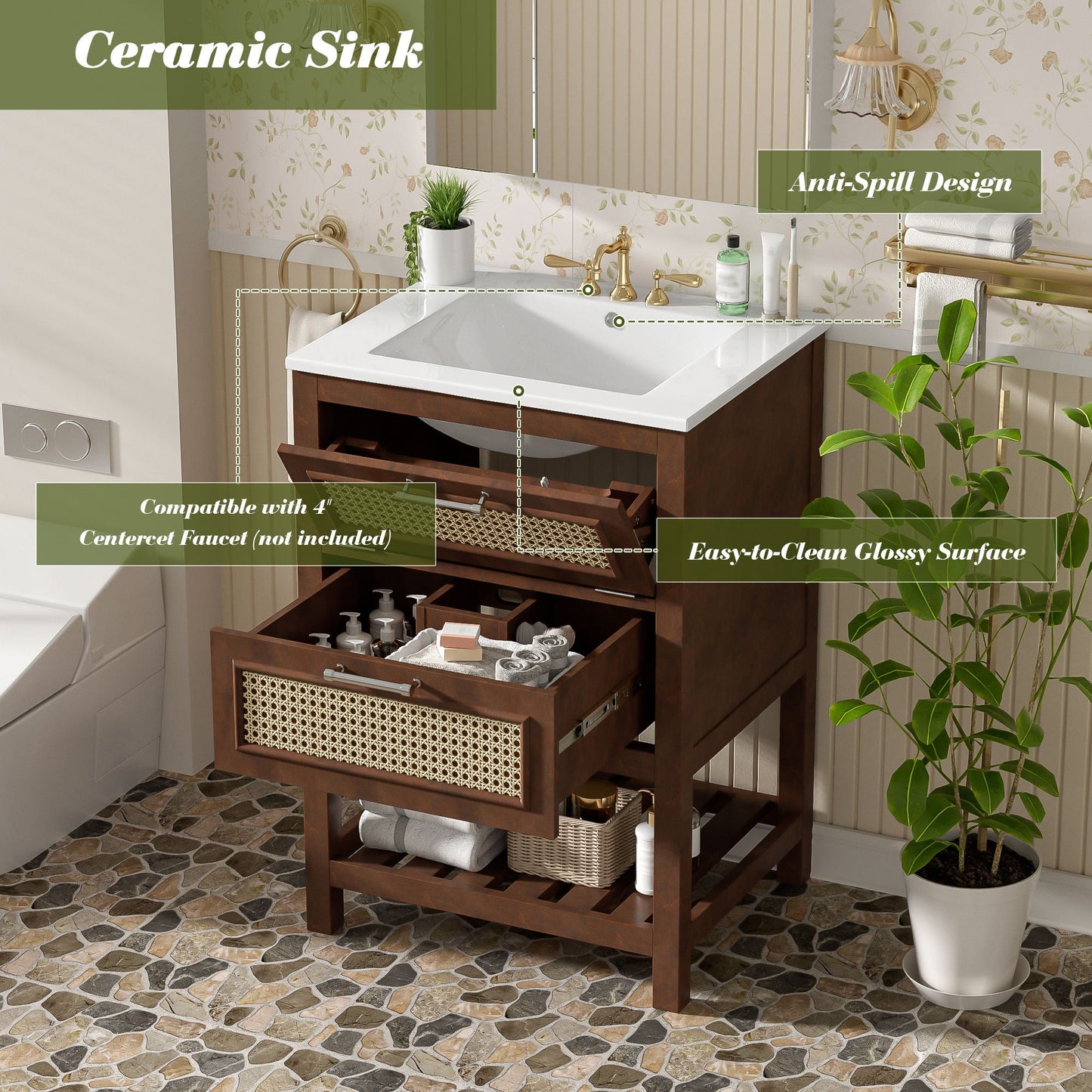 Modern Bathroom Vanity With Integrated Sink, Cabinet With 1 Deep Drawer And 1 Tip-Out Drawer