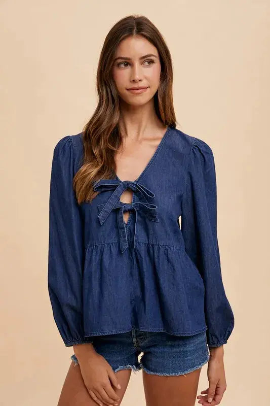 Women's Denim Peplum Top Denim Peplum Top - Navy Blue - Annie Wear Style