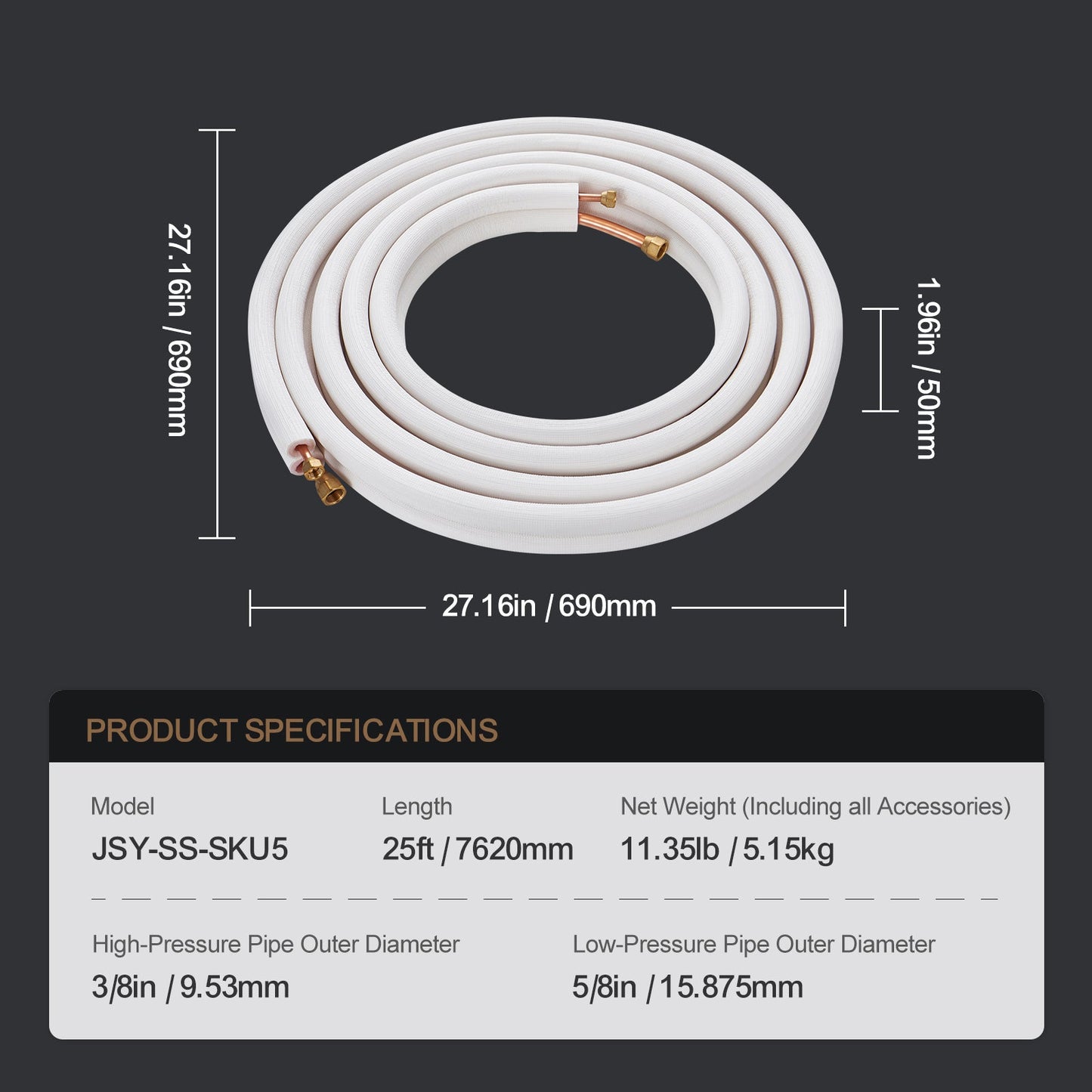 25FT Mini Split Line Set, 3/8" & 5/8" O.D