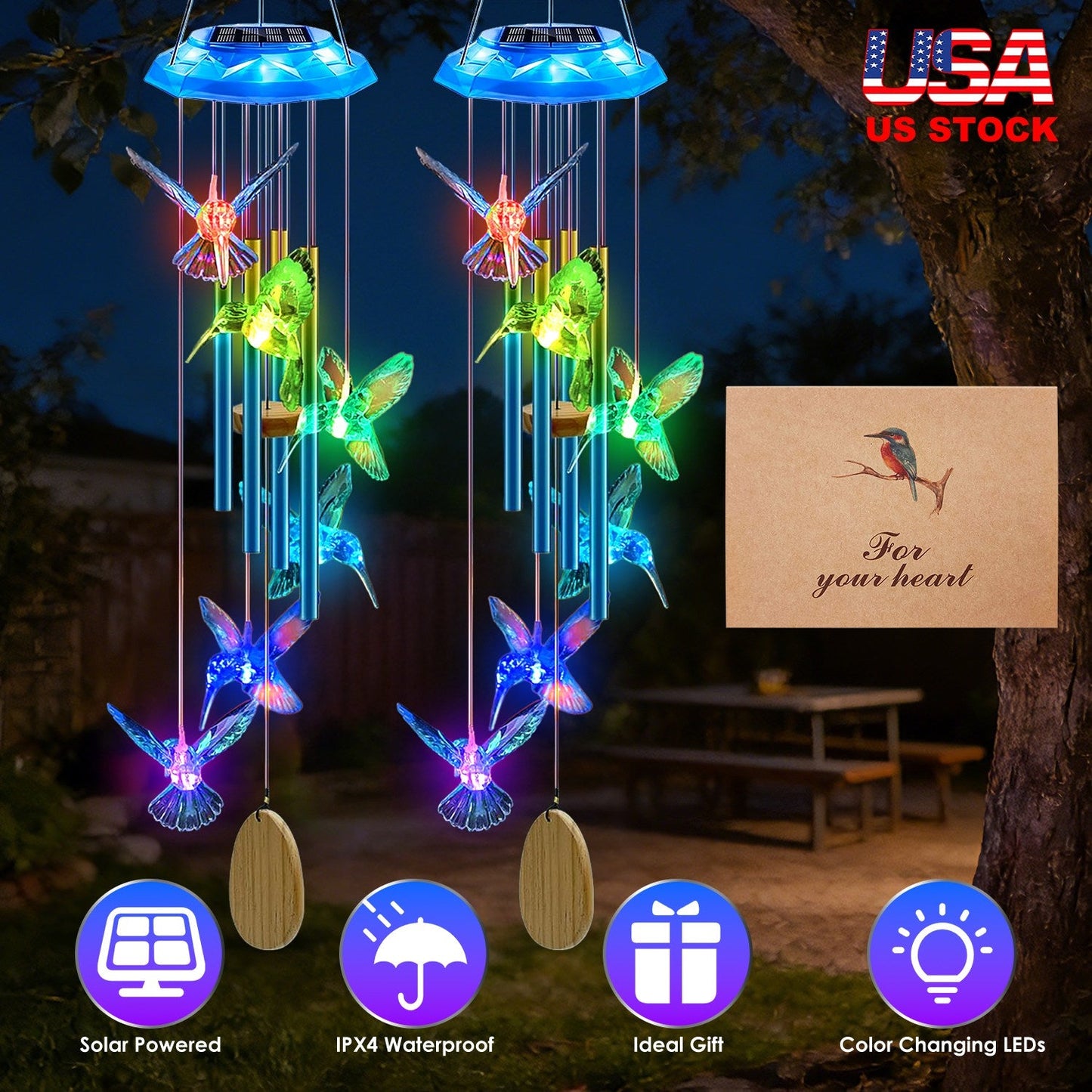 Solar Wind Chime with Color-Changing LED & Aluminum Tubes