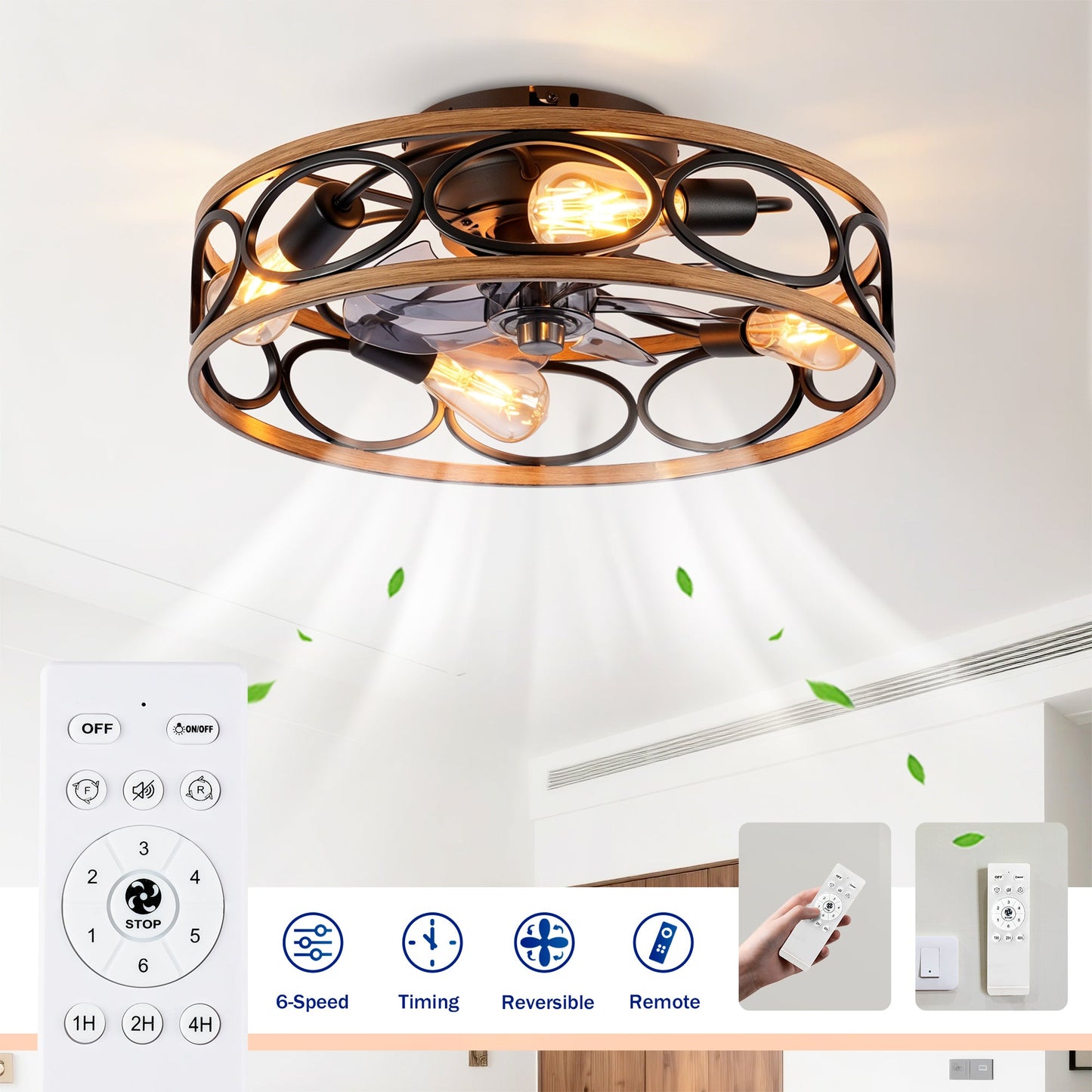 19-Inch 7-Blade Caged Flush Mount Ceiling Fan with Remote Control