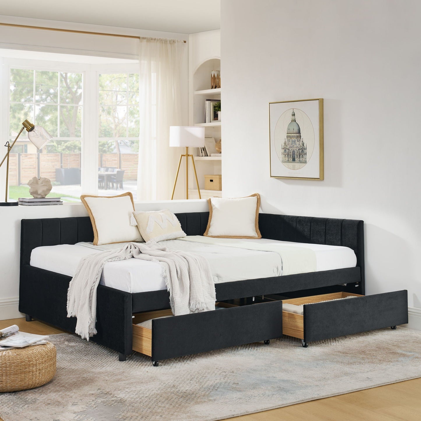 Upholstered Tufted Daybed Frame With Storage Drawers