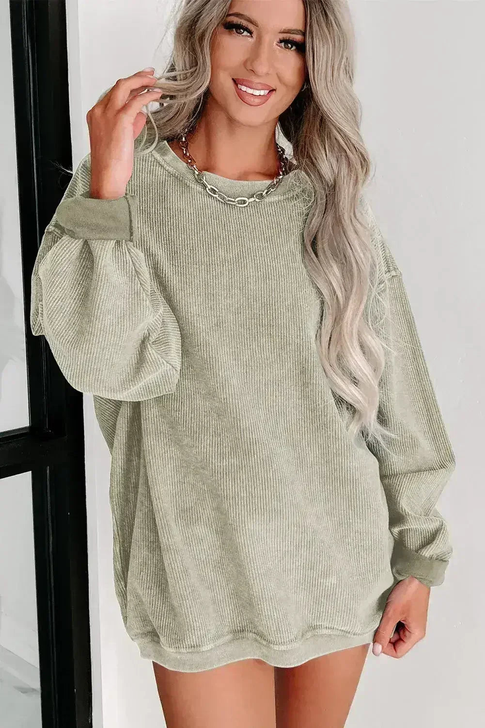 Green Ribbed Knit Sweatshirt - Round Neck Pullover | Femstylo