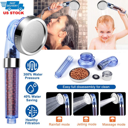 Ionic Filtration Shower Head High Pressure 3 Mode Stone Water Saving Bath Handheld Shower