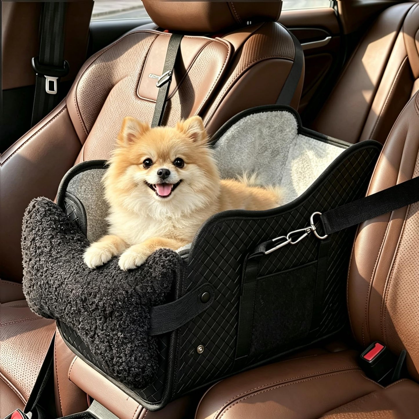 Center Console Dog Car Seat For Small Dogs, Dog Booster Seat To 15lbs Portable Puppy Car Seat With Adjustable Straps, Storage Pocket, Anti-Collapse, Washable Reversible Seat Cushion Black