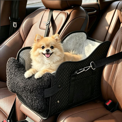 Center Console Dog Car Seat For Small Dogs, Dog Booster Seat To 15lbs Portable Puppy Car Seat With Adjustable Straps, Storage Pocket, Anti-Collapse, Washable Reversible Seat Cushion Black