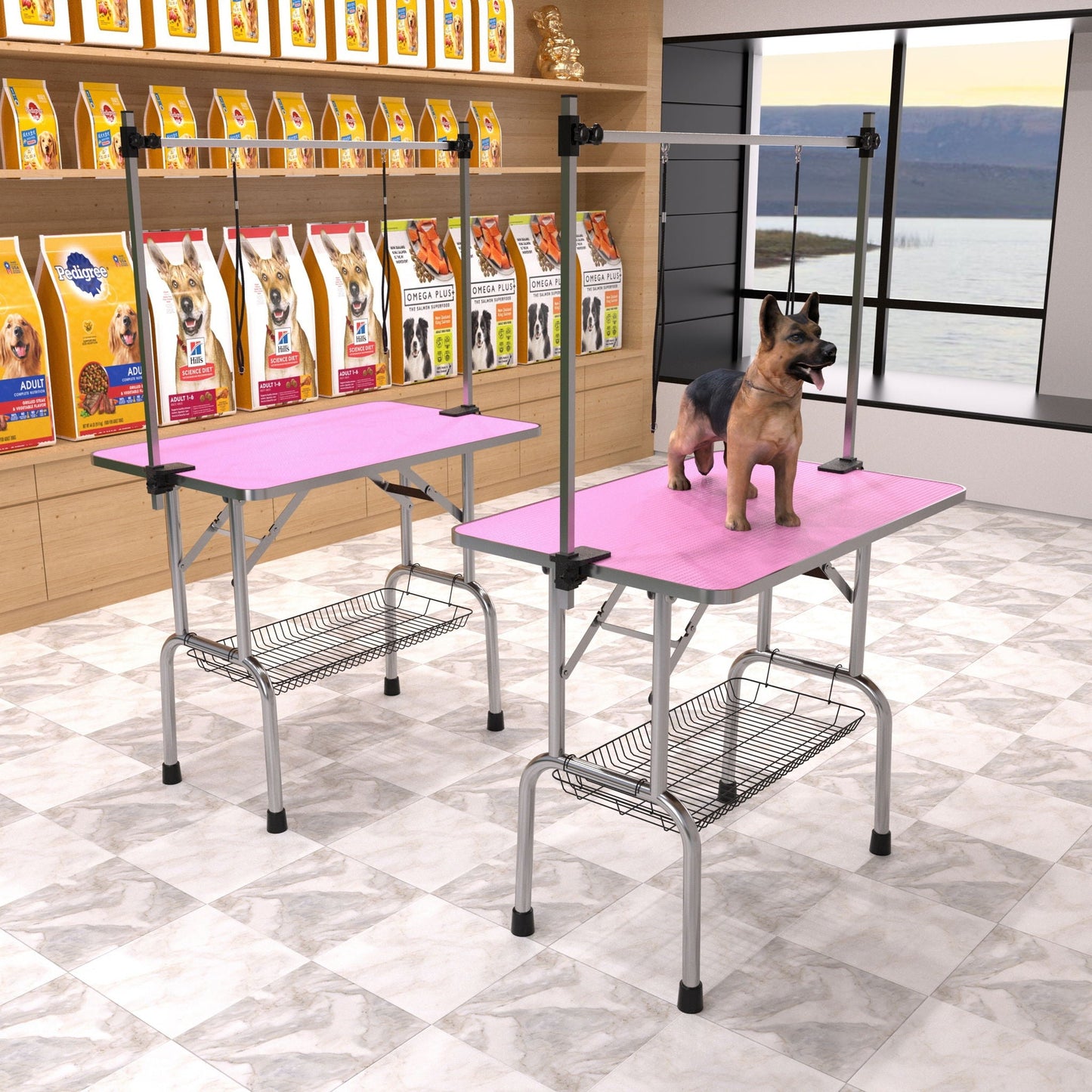 Folding Dog Pet Grooming Table Stainless Steel Frame Rubber Mat On Board With Adjustable Arm And Clamps Pet Dog Cat Grooming Table