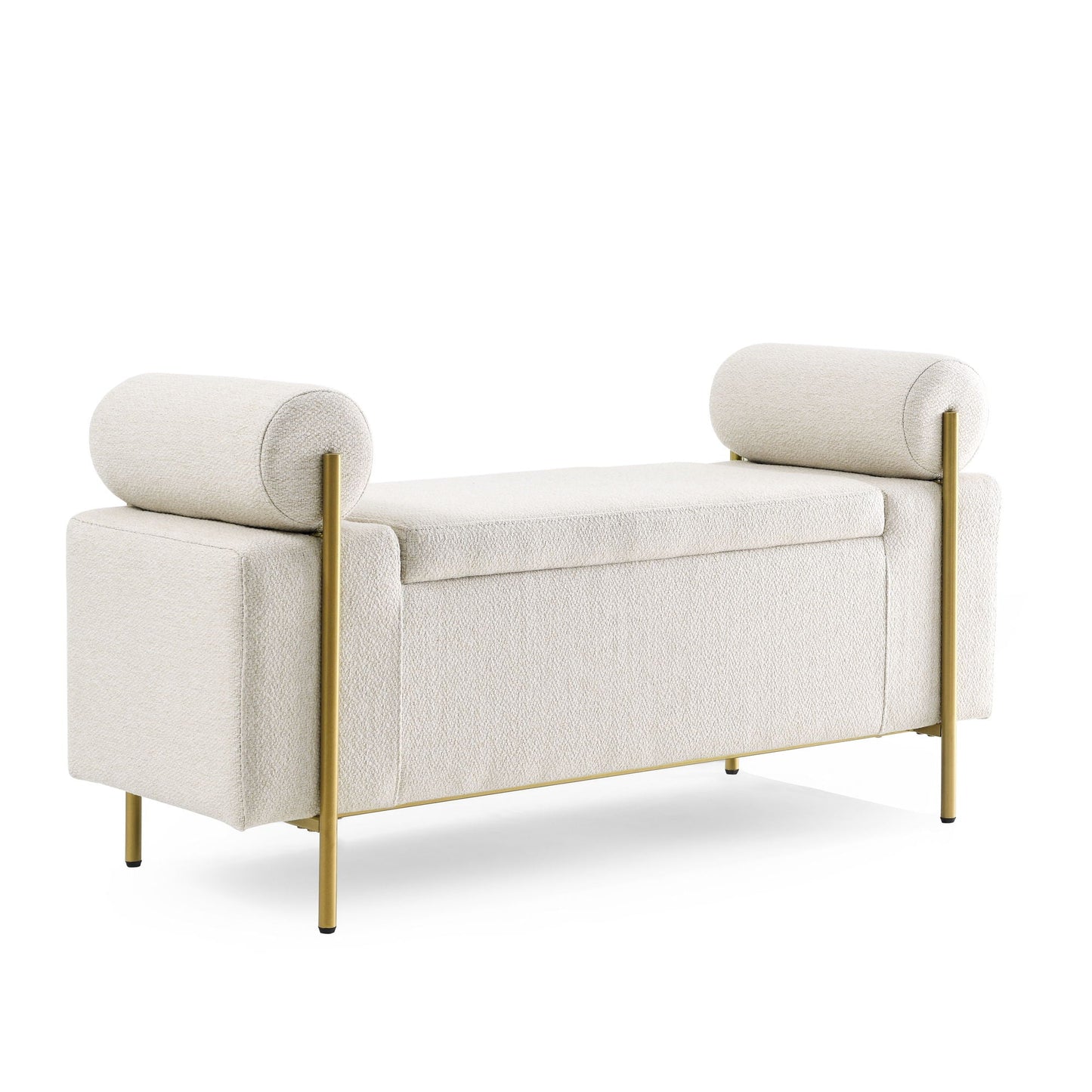Elegant Upholstered Storage Bench With Cylindrical Arms And Iron Legs,