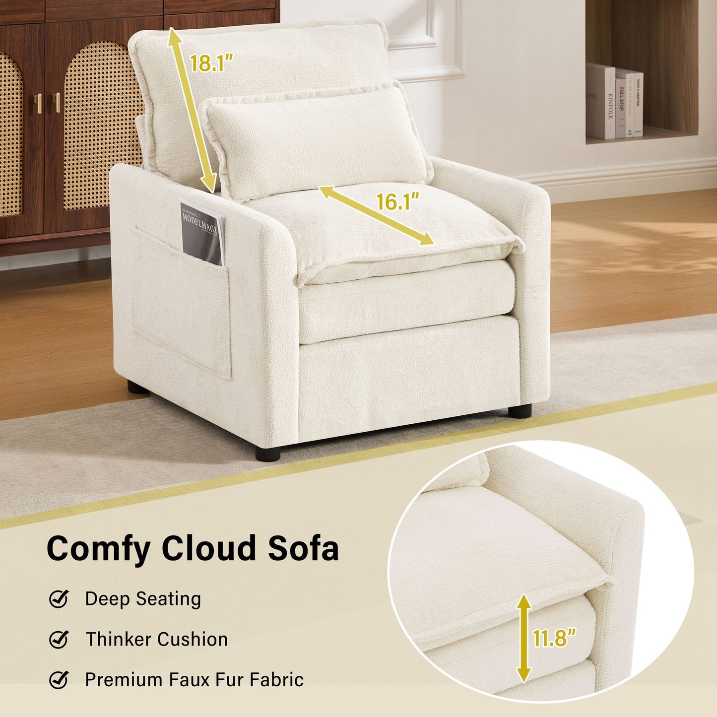 Modern Single Seat Accent Chair With Side Storage Pockets