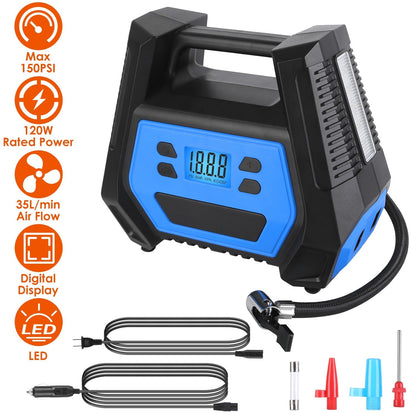 Portable Tire Inflator 150 PSI 120W Max Power Tire Pump with Digital Display LED Light Inflatable Nozzle Needle Fuse Air Compressor for Bikes Motorbik