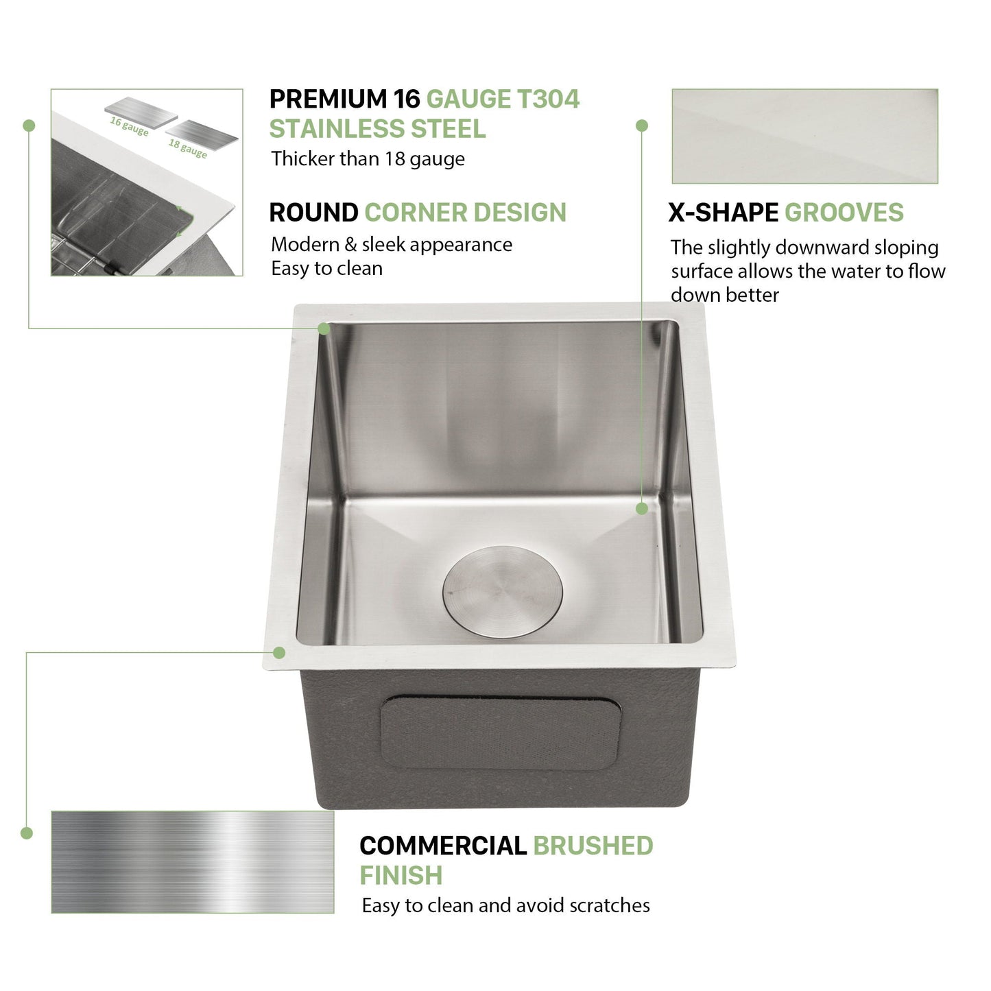 Modern Undermount Stainless Steel Kitchen Sink 16 Gauge, Deep Single Bowl