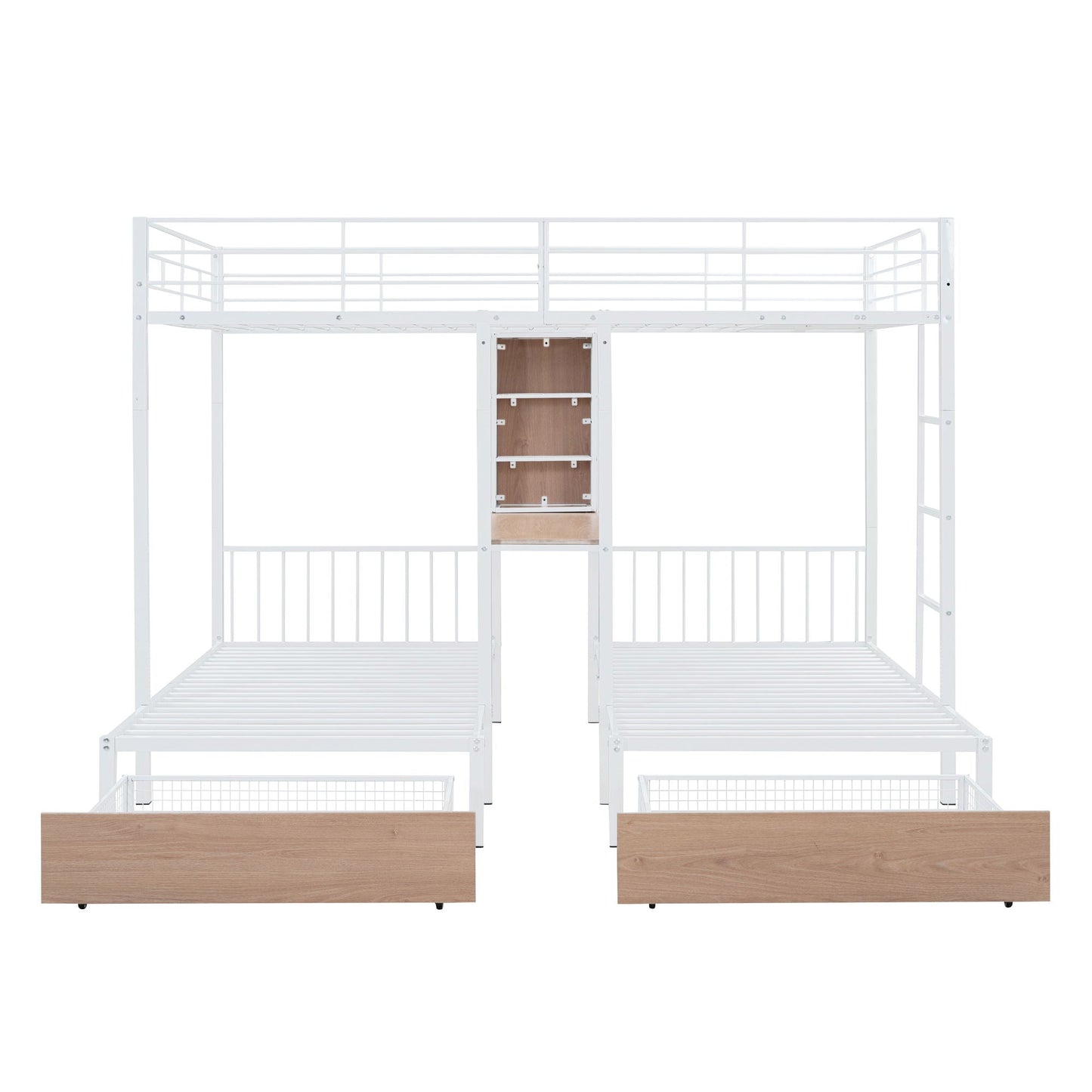 Triple Bunk Bed With Drawers, Multi-Functional Frame With Desks And Shelves In The Middle