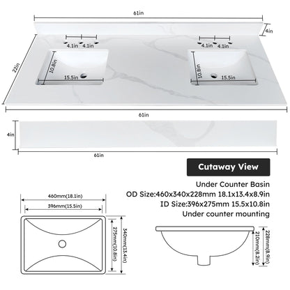 61-Inch Quartz Double Bathroom Vanity Top