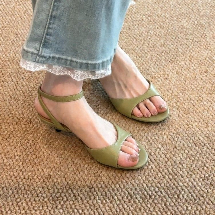 2026 Summer New Women Gentle Retro Sandals, Minimalist Fashion Comfort Kitten Heel Elegant Daily Commute Shoes, Green