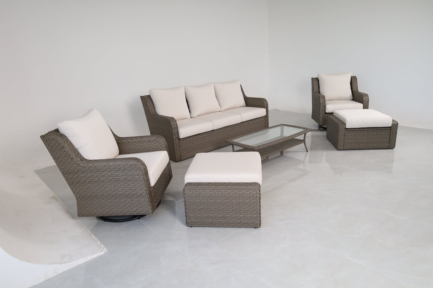 Luxury Rattan Patio Conversation Set – Includes 2 Swivel Chairs, Sofa, Coffee Table, And 2 Ottomans With Premium