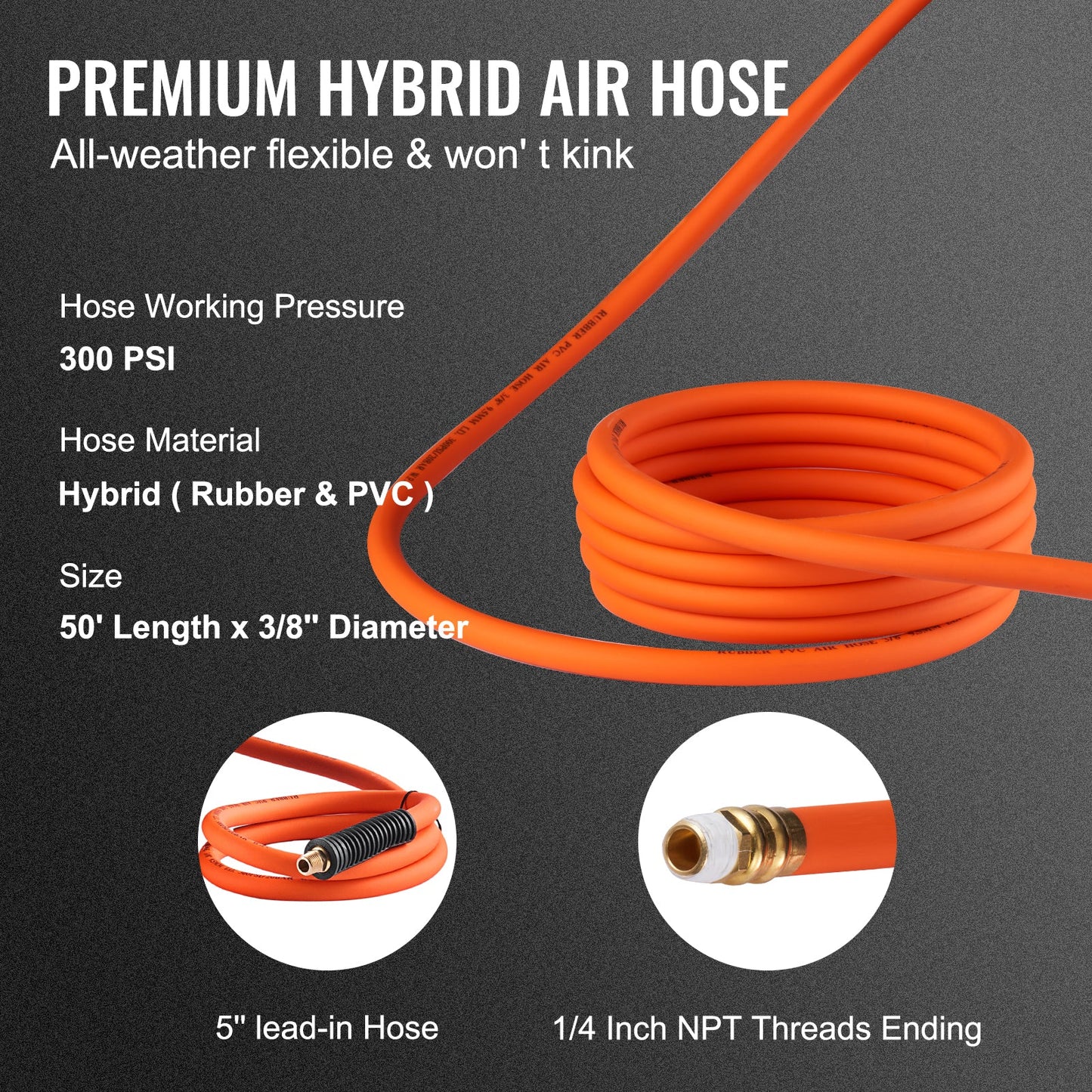 Retractable Air Hose Reel with 3/8 IN x 50 FT Hybrid Hose, Max 300 PSI