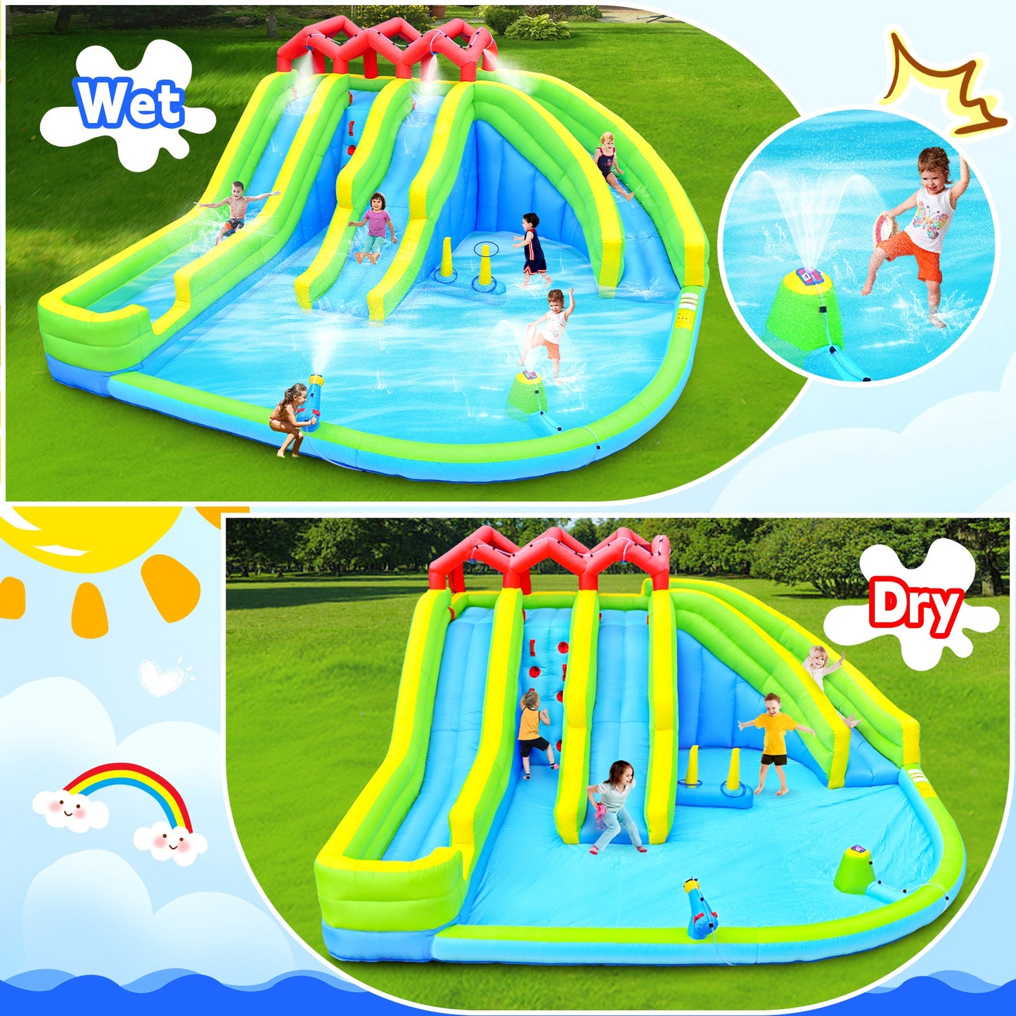 7-in-1 Inflatable Water Park Three Slide with Blower and Climbing Wall for Children