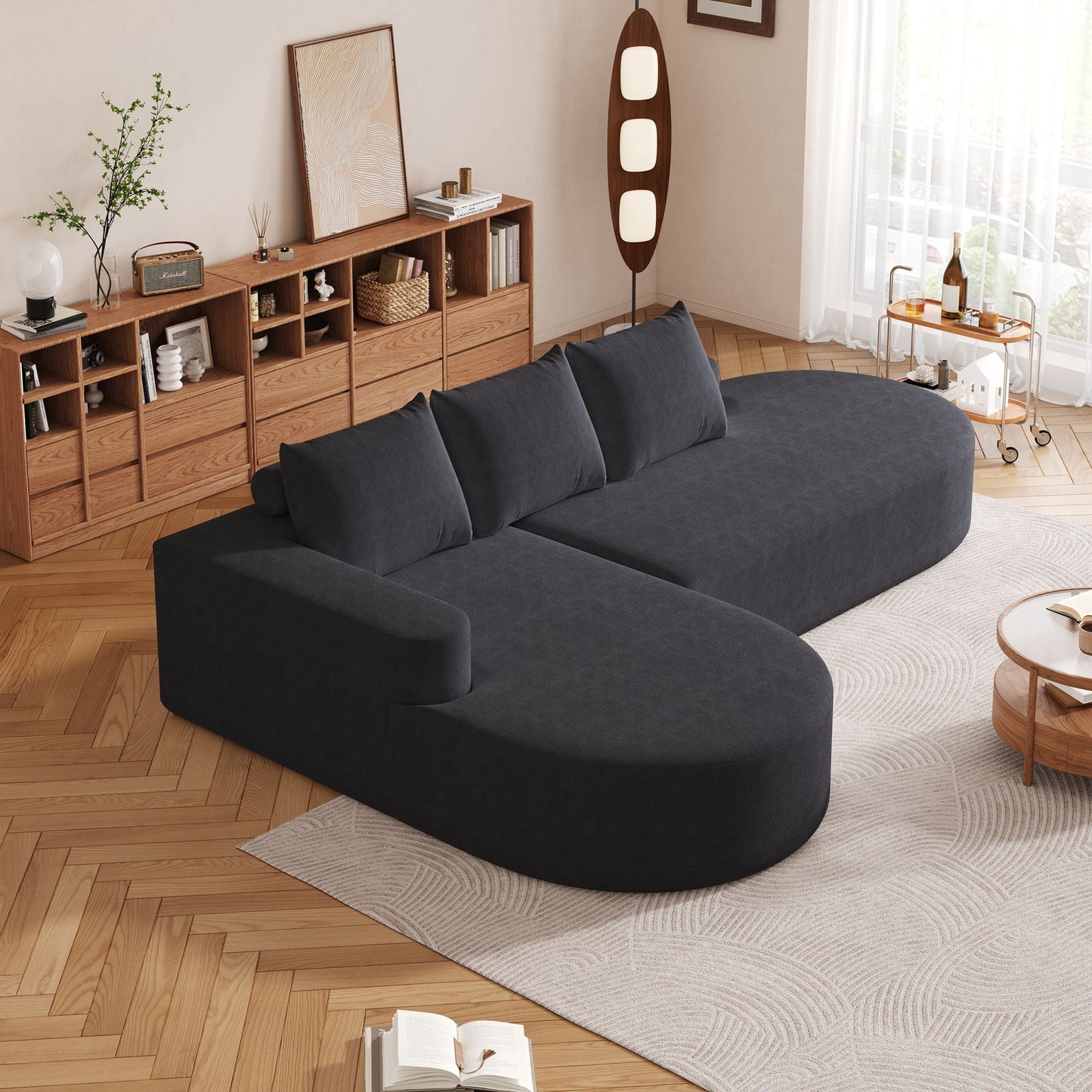 Modern Curved Sofa, L-Shaped Modular Sectional Set With 3 Pillows