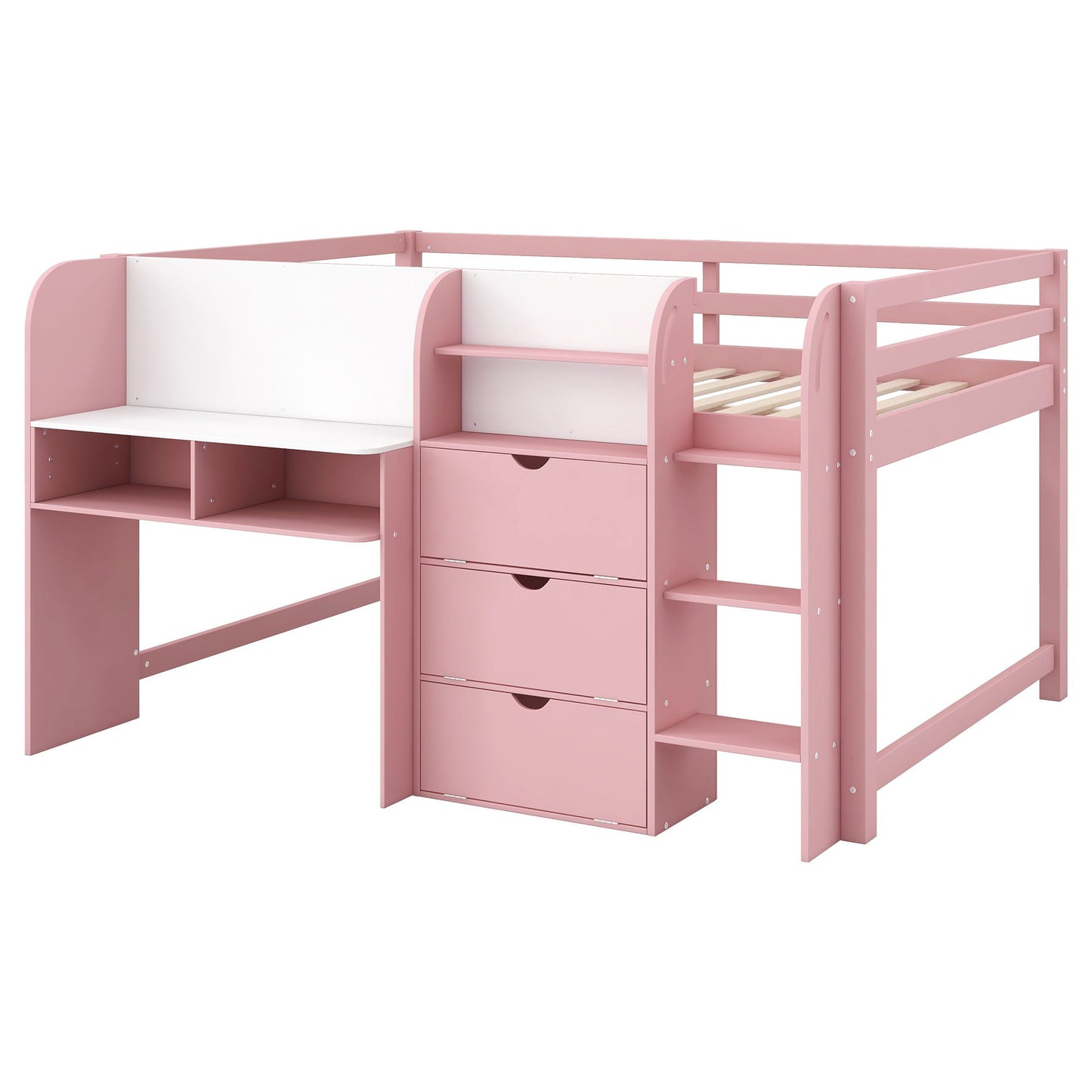 Low Loft Bed With Built In Desk, Storage Cabinets, Open Bookcase And Doodle board