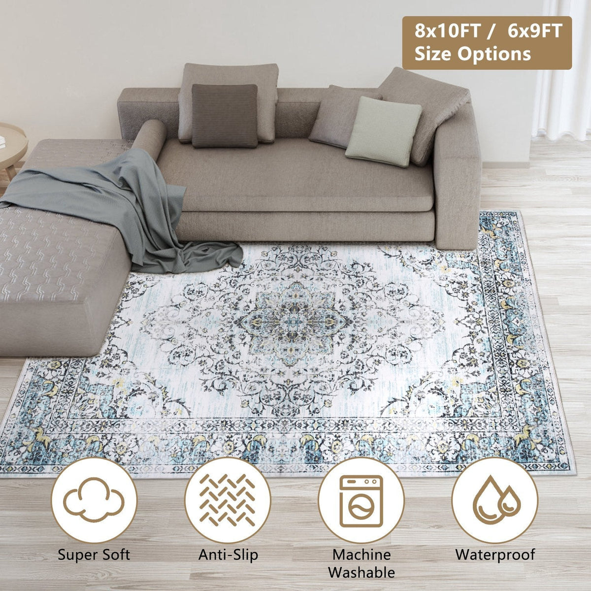 6x9FT VintageÊArea Rug Modern Non Slip Carpet Boho Low Pile Soft Rug Waterproof Machine Washable Rug for Living Room BedroomÊKitchen Dining Room Under
