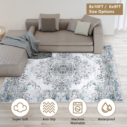 6x9FT VintageÊArea Rug Modern Non Slip Carpet Boho Low Pile Soft Rug Waterproof Machine Washable Rug for Living Room BedroomÊKitchen Dining Room Under