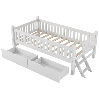 Platform Bed With Guardrail And 2 Drawers