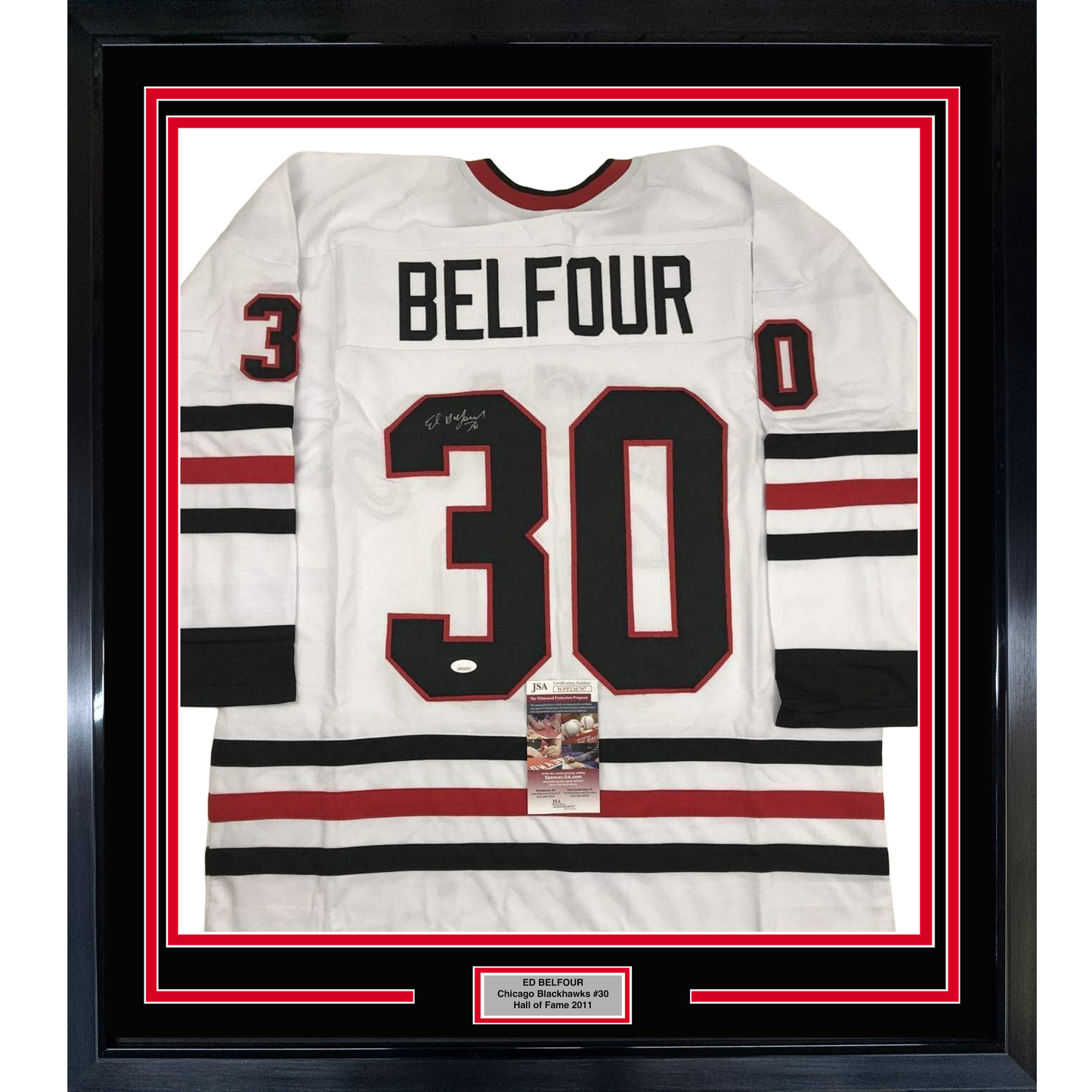 Framed Autographed/Signed Ed Belfour 35x39 Chicago White Hockey Jersey JSA COA