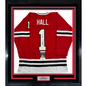 Framed Autographed/Signed Glenn Hall 35x39 Chicago Red Hockey Jersey JSA COA