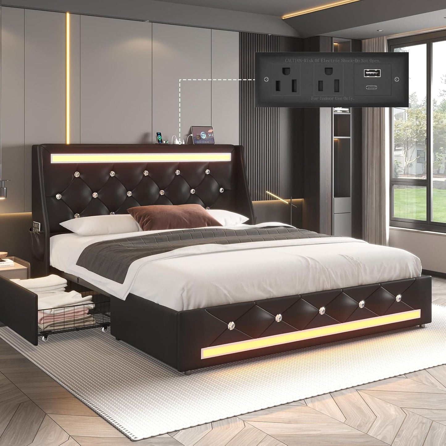 Wingback Upholstered Bed Frame With LED Lights, Charging Station