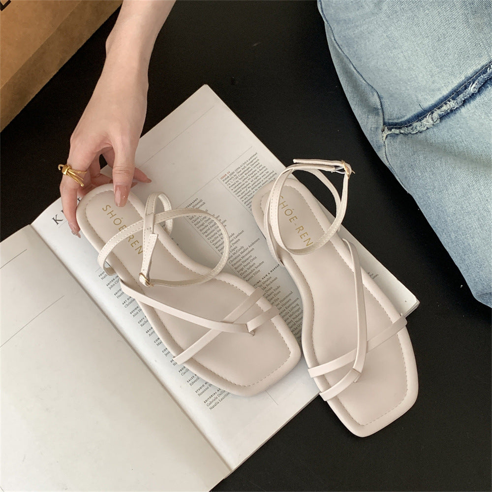 Square-toe Cross-strap Thong-style Flat Sandals