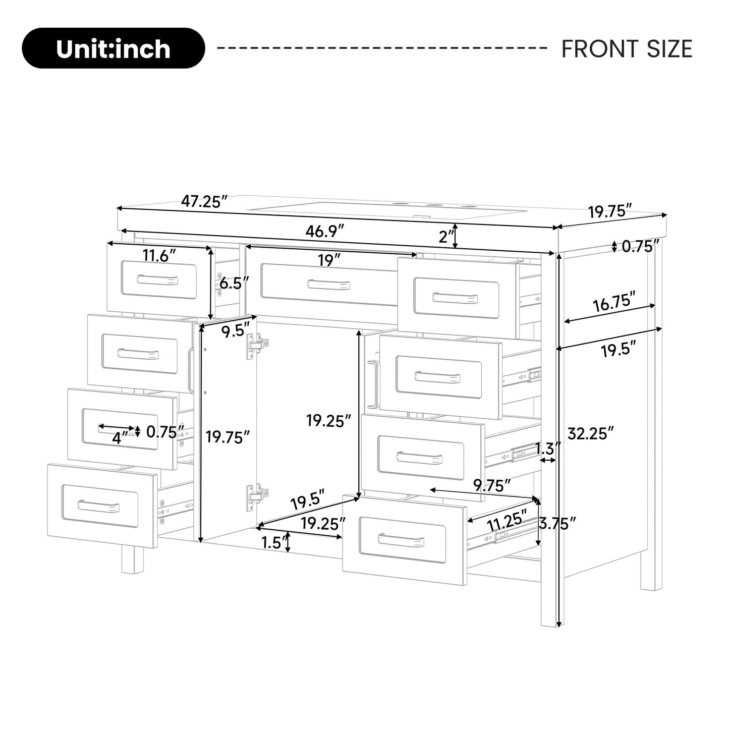 Bathroom Vanity With Sink, 2 Doors & 8 Drawers, Soft Close System
